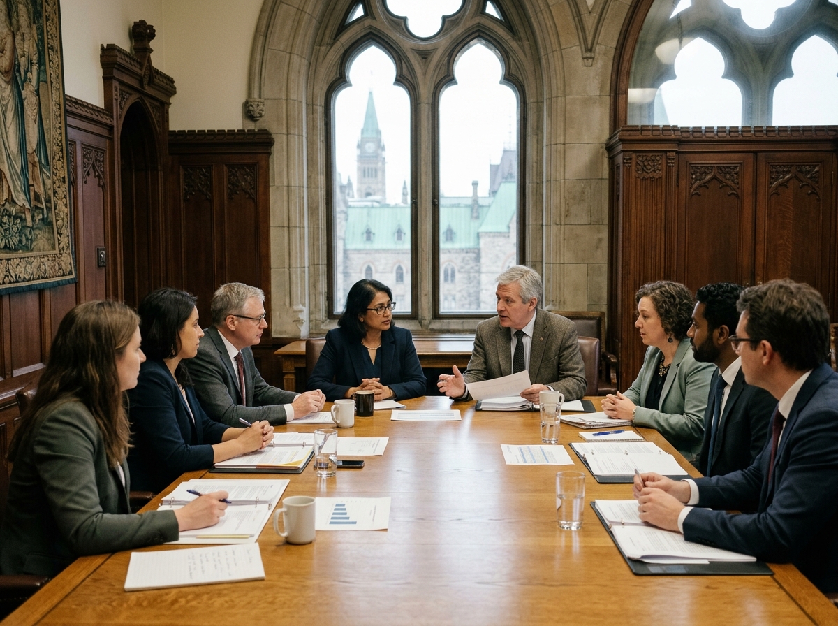 Canadian policymakers and analysts reviewing data and policy briefs in a parliamentary committee room